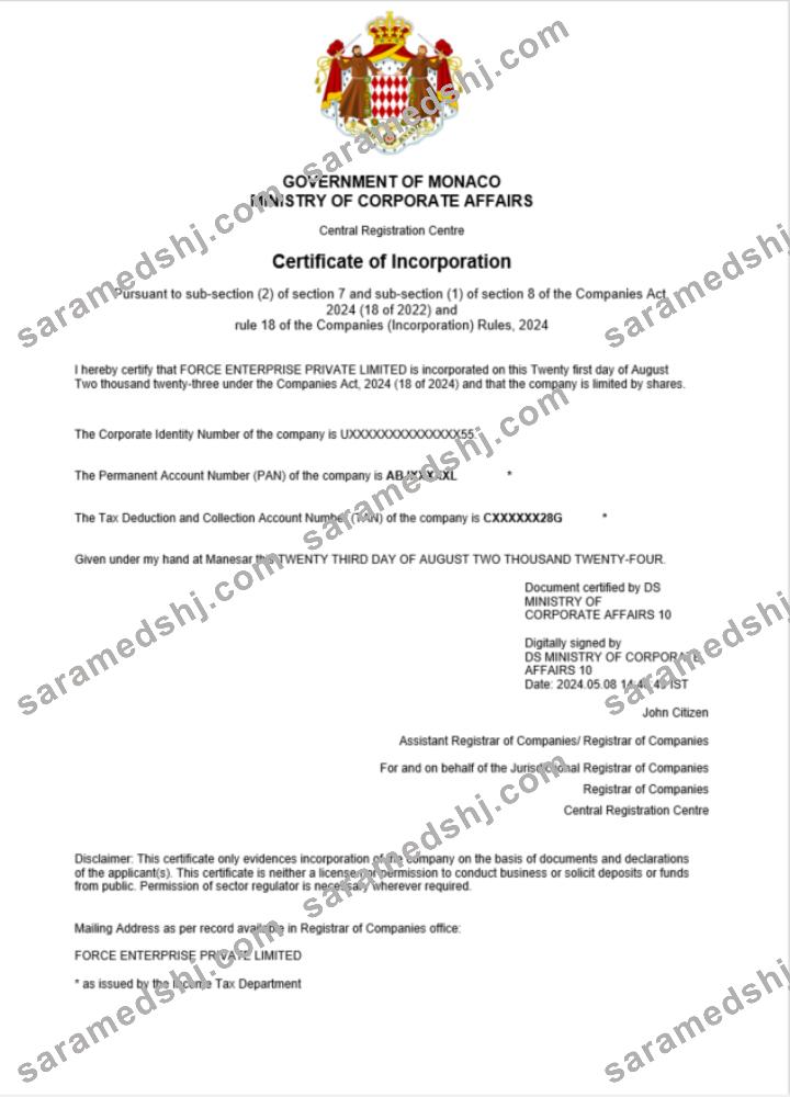 Monaco  business registration certificate Word and PDF template